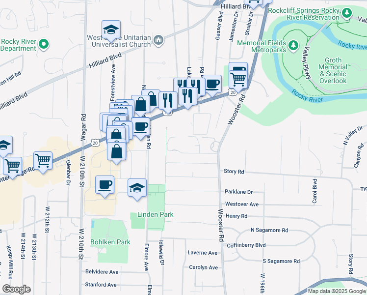 map of restaurants, bars, coffee shops, grocery stores, and more near 20342 Parkview Avenue in Rocky River