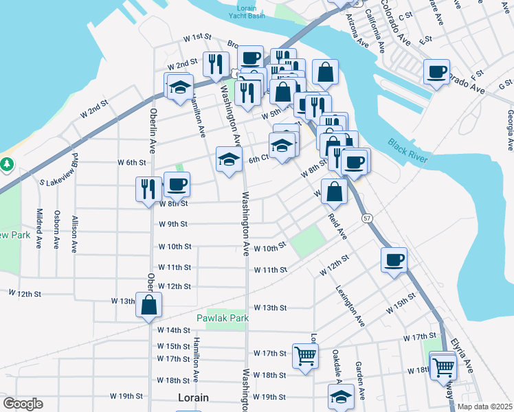 map of restaurants, bars, coffee shops, grocery stores, and more near 835 Washington Avenue in Lorain