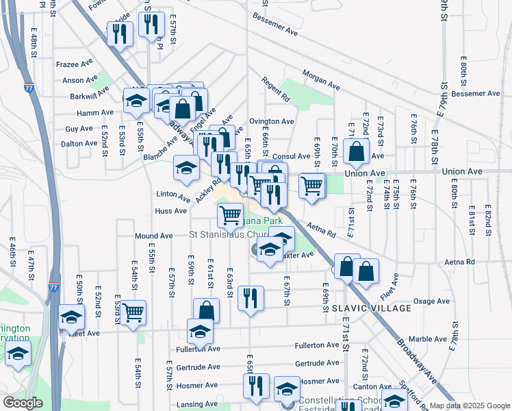 map of restaurants, bars, coffee shops, grocery stores, and more near 6500 Broadway Avenue in Cleveland