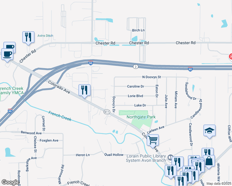 map of restaurants, bars, coffee shops, grocery stores, and more near 37957 Lorie Boulevard in Avon