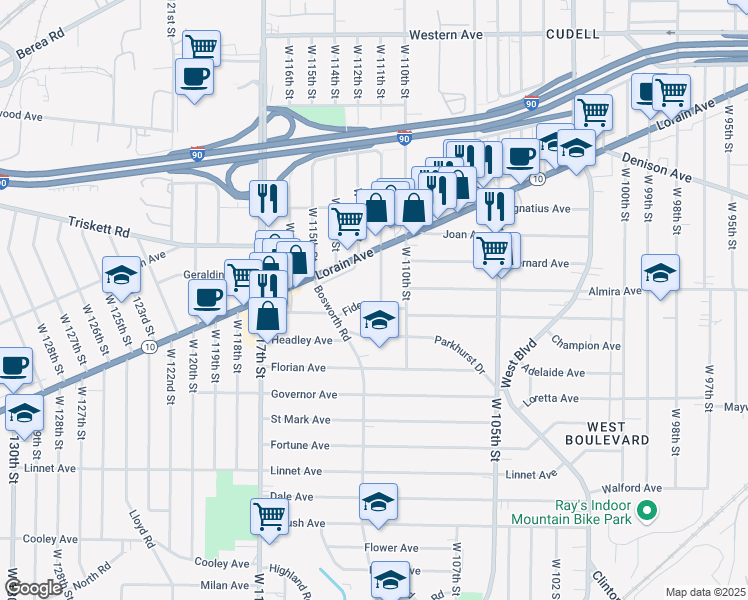 map of restaurants, bars, coffee shops, grocery stores, and more near 3328 West 111th Street in Cleveland