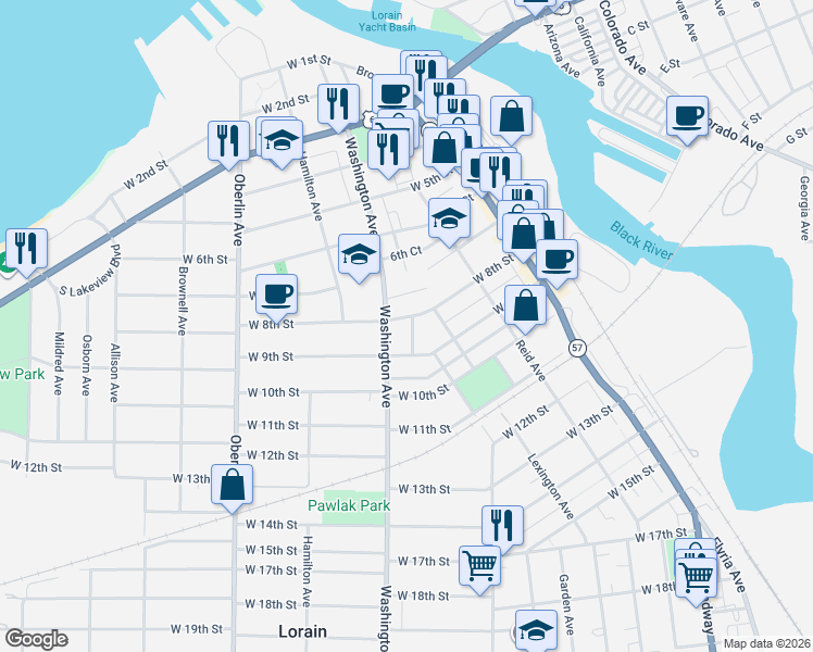 map of restaurants, bars, coffee shops, grocery stores, and more near 835 Washington Avenue in Lorain