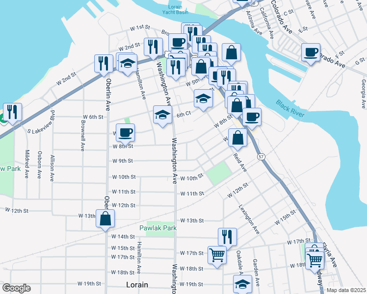 map of restaurants, bars, coffee shops, grocery stores, and more near 835 Washington Avenue in Lorain