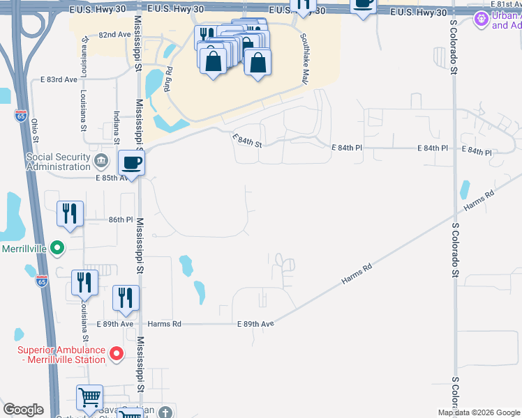 map of restaurants, bars, coffee shops, grocery stores, and more near 2213 East 86th Court in Merrillville