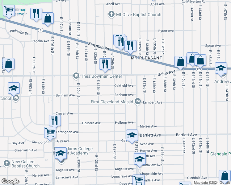 map of restaurants, bars, coffee shops, grocery stores, and more near 12701 Benham Avenue in Cleveland
