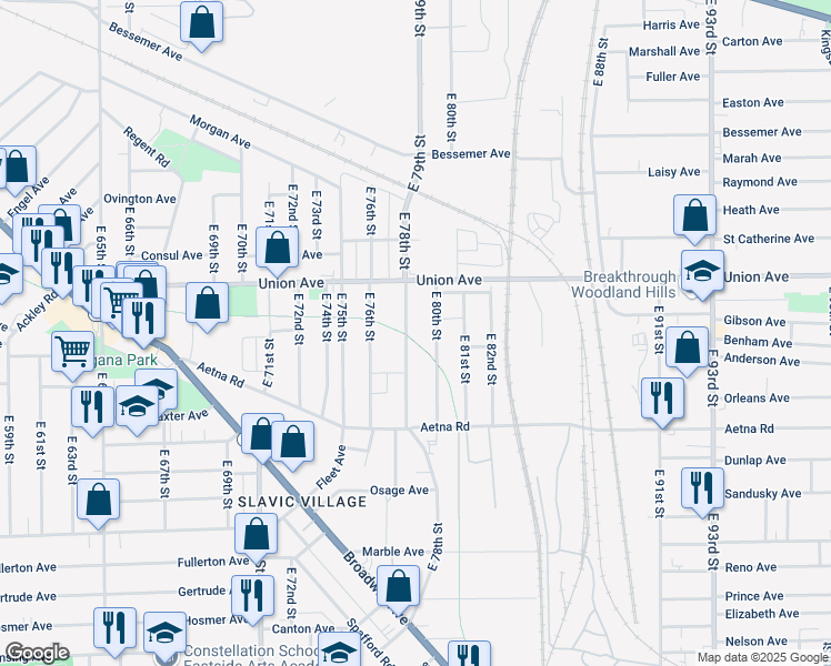 map of restaurants, bars, coffee shops, grocery stores, and more near 3551 East 78th Street in Cleveland