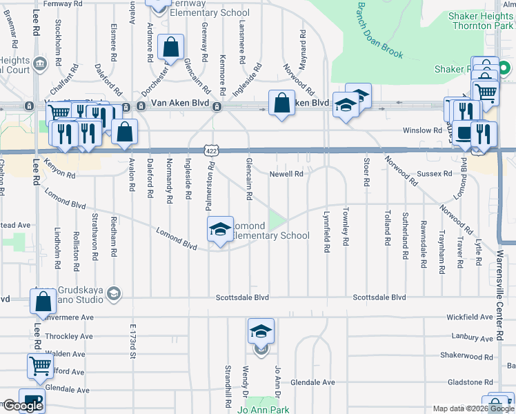 map of restaurants, bars, coffee shops, grocery stores, and more near 3610 Gridley Road in Shaker Heights
