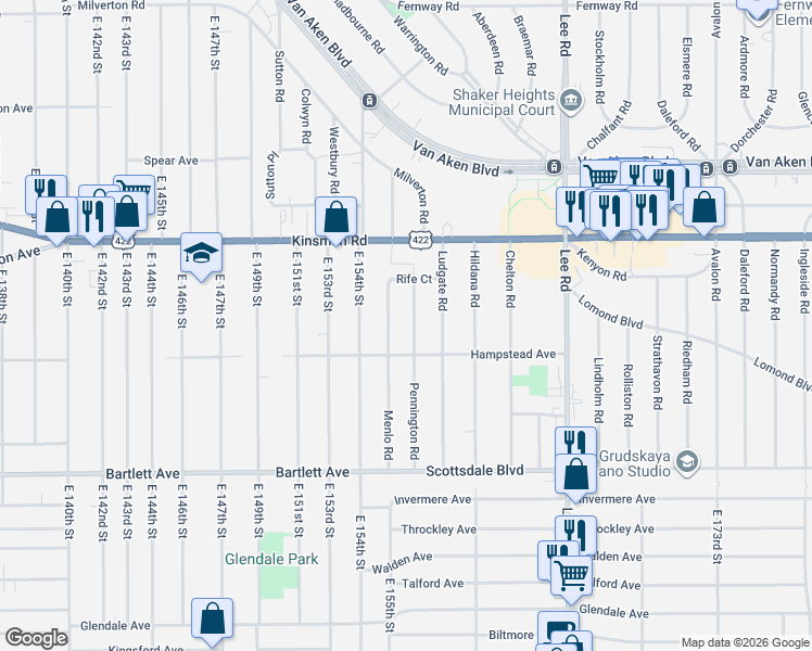 map of restaurants, bars, coffee shops, grocery stores, and more near 3600 Pennington Road in Shaker Heights