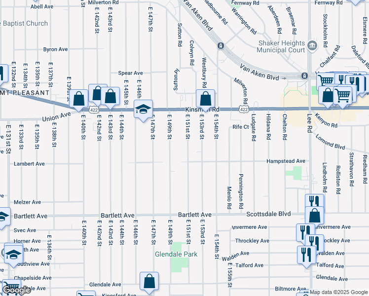 map of restaurants, bars, coffee shops, grocery stores, and more near 3602 East 151st Street in Cleveland