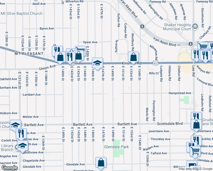 map of restaurants, bars, coffee shops, grocery stores, and more near 3602 East 149th Street in Cleveland