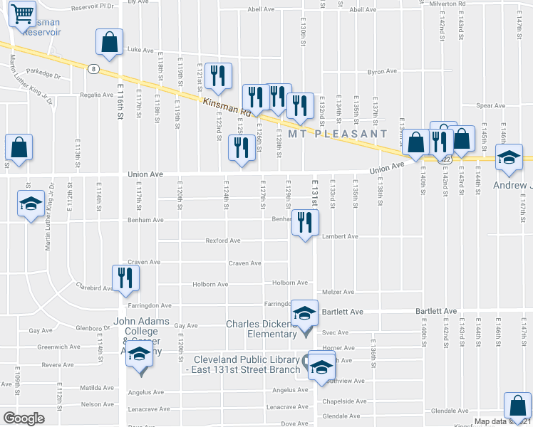 map of restaurants, bars, coffee shops, grocery stores, and more near 12706 Benham Avenue in Cleveland