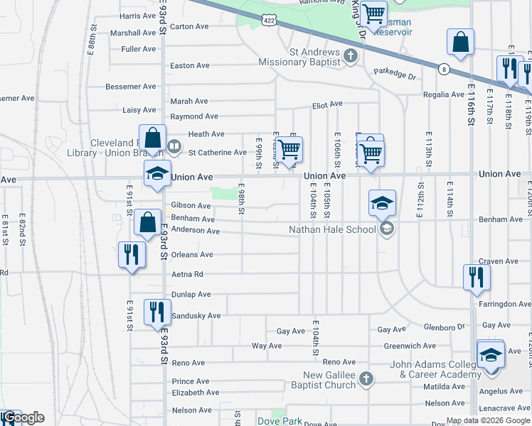 map of restaurants, bars, coffee shops, grocery stores, and more near 10005 Benham Avenue in Cleveland