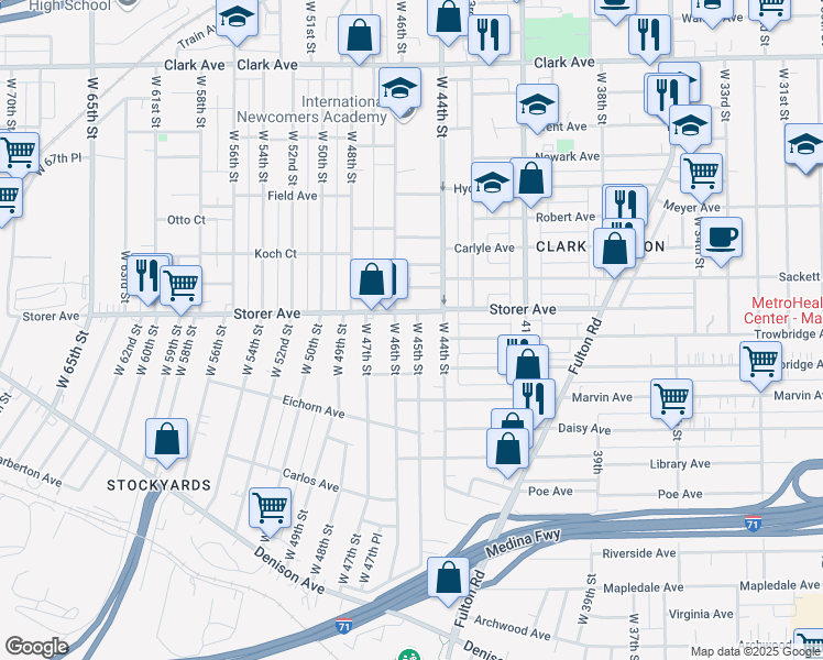 map of restaurants, bars, coffee shops, grocery stores, and more near 3413 West 45th Street in Cleveland
