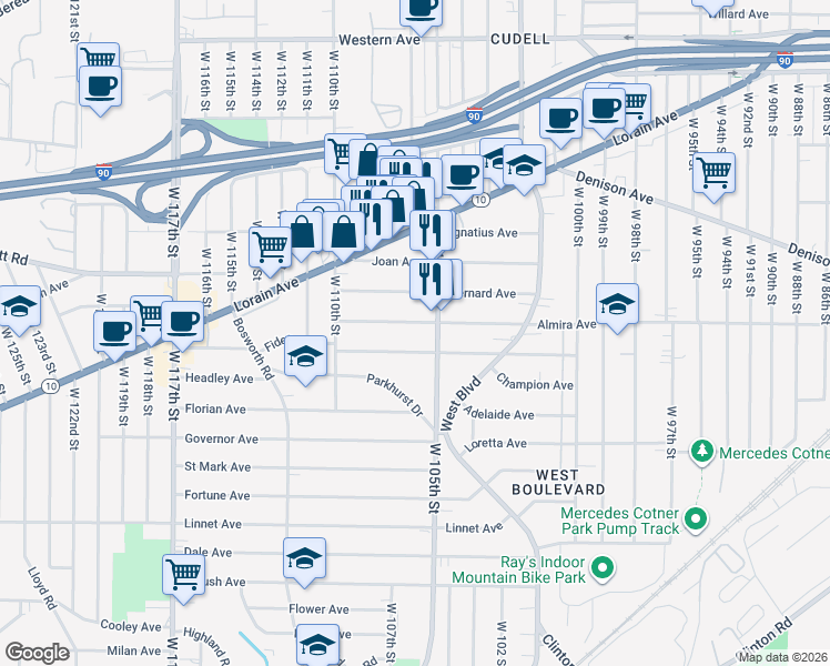 map of restaurants, bars, coffee shops, grocery stores, and more near in Cleveland
