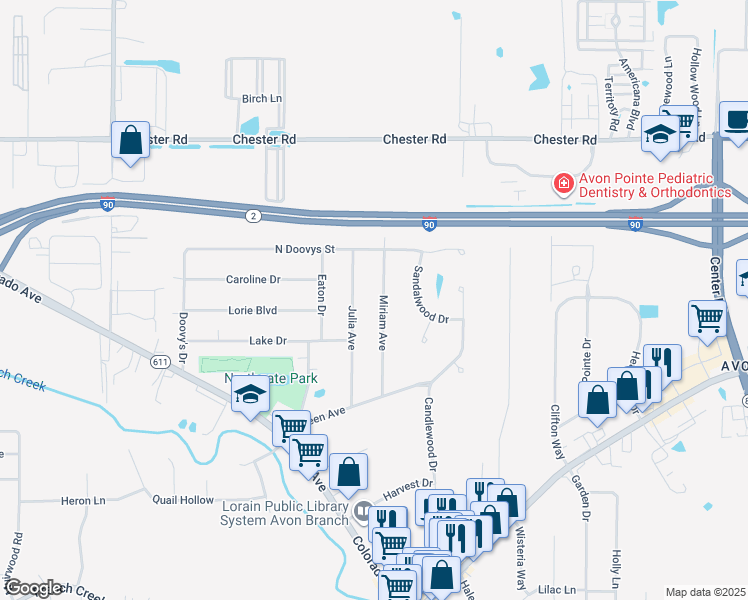 map of restaurants, bars, coffee shops, grocery stores, and more near 1924 Miriam Avenue in Avon