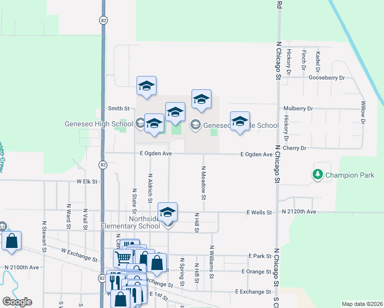 map of restaurants, bars, coffee shops, grocery stores, and more near 378 East Ogden Avenue in Geneseo