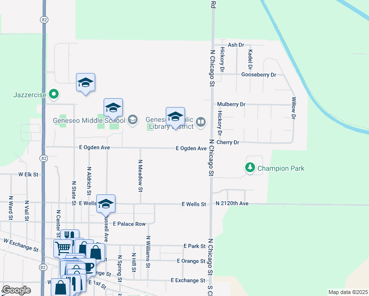 map of restaurants, bars, coffee shops, grocery stores, and more near 595 East Ogden Avenue in Geneseo