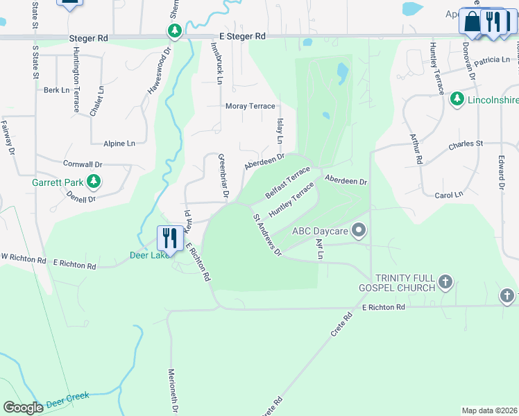 map of restaurants, bars, coffee shops, grocery stores, and more near 575 Huntley Terrace in Crete