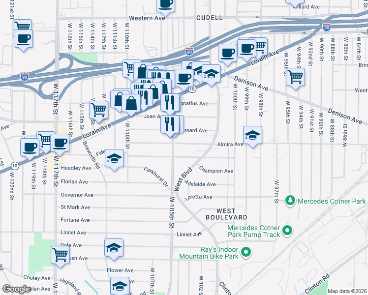 map of restaurants, bars, coffee shops, grocery stores, and more near 10409 Almira Avenue in Cleveland