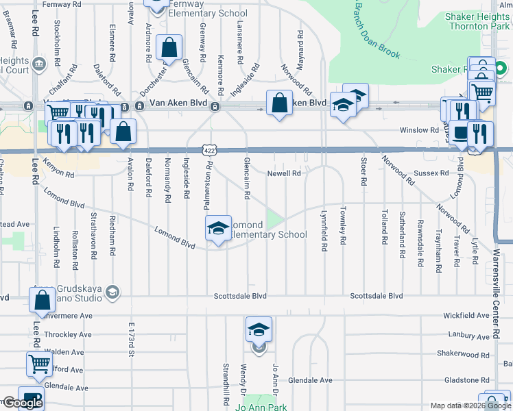 map of restaurants, bars, coffee shops, grocery stores, and more near 3610 Gridley Road in Shaker Heights