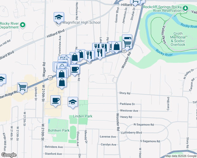 map of restaurants, bars, coffee shops, grocery stores, and more near 3420 Wooster Road in Rocky River
