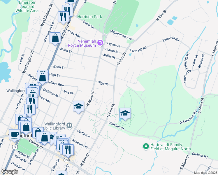 map of restaurants, bars, coffee shops, grocery stores, and more near in Wallingford