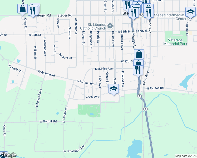 map of restaurants, bars, coffee shops, grocery stores, and more near 3758 Park Avenue in Steger