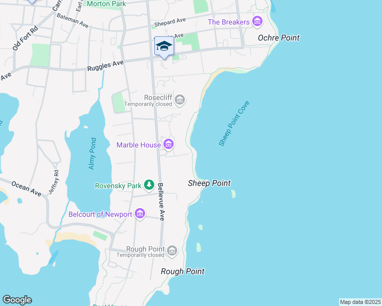map of restaurants, bars, coffee shops, grocery stores, and more near 596 Bellevue Avenue in Newport