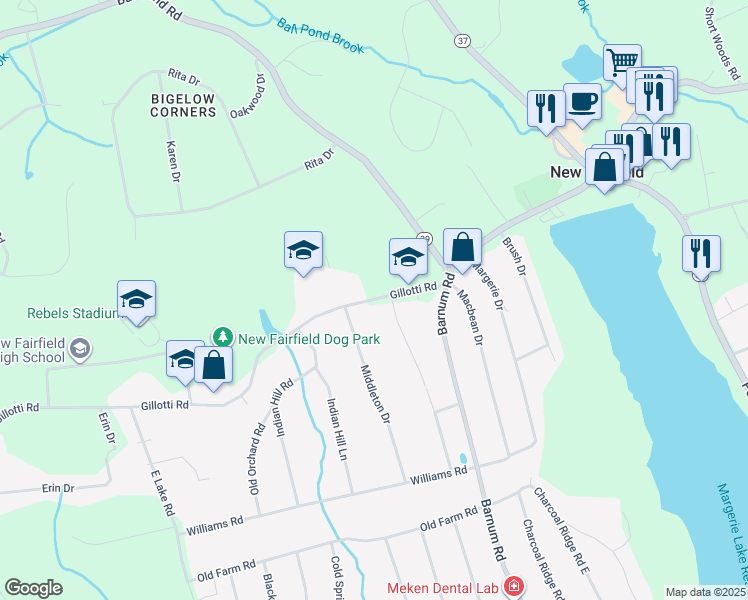 map of restaurants, bars, coffee shops, grocery stores, and more near 5 Gillotti Road in New Fairfield