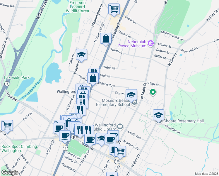 map of restaurants, bars, coffee shops, grocery stores, and more near 44 Christian Street in Wallingford