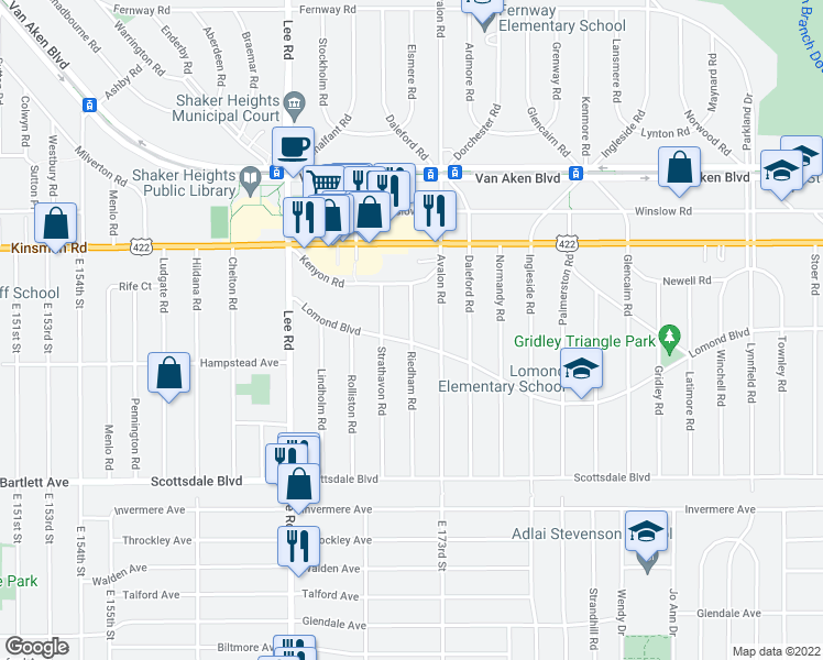 map of restaurants, bars, coffee shops, grocery stores, and more near 17121 Lomond Boulevard in Shaker Heights