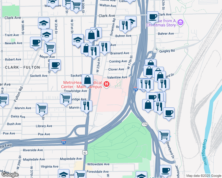 map of restaurants, bars, coffee shops, grocery stores, and more near 2500 Metrohealth Drive in Cleveland