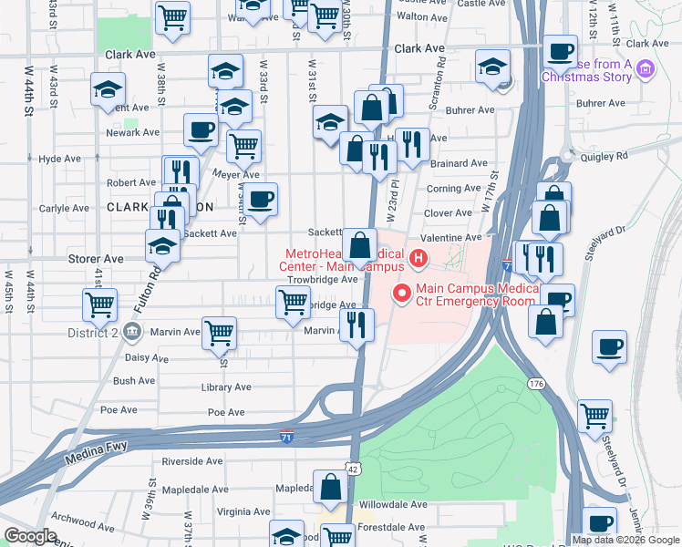 map of restaurants, bars, coffee shops, grocery stores, and more near 3017 Trowbridge Avenue in Cleveland