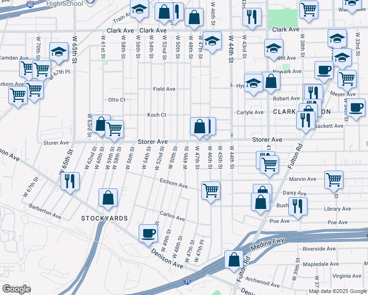map of restaurants, bars, coffee shops, grocery stores, and more near 3405 West 49th Street in Cleveland