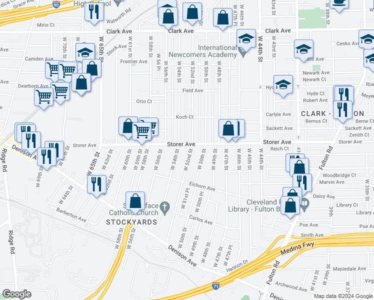 map of restaurants, bars, coffee shops, grocery stores, and more near 3414 West 52nd Street in Cleveland