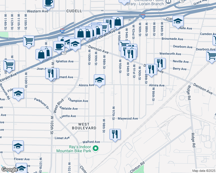 map of restaurants, bars, coffee shops, grocery stores, and more near 3402 West 97th Street in Cleveland