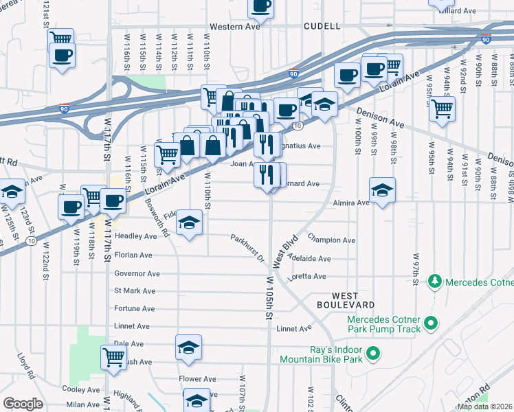 map of restaurants, bars, coffee shops, grocery stores, and more near in Cleveland