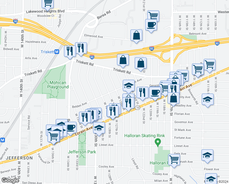 map of restaurants, bars, coffee shops, grocery stores, and more near 3353 West 127th Street in Cleveland