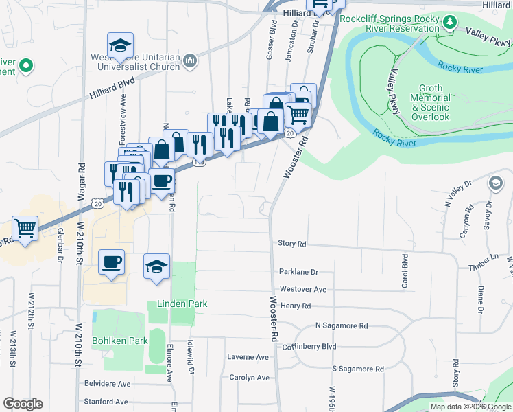 map of restaurants, bars, coffee shops, grocery stores, and more near 3440 Wooster Road in Rocky River