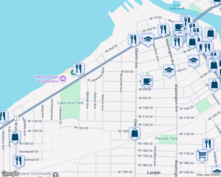 map of restaurants, bars, coffee shops, grocery stores, and more near 1330 West 8th Street in Lorain