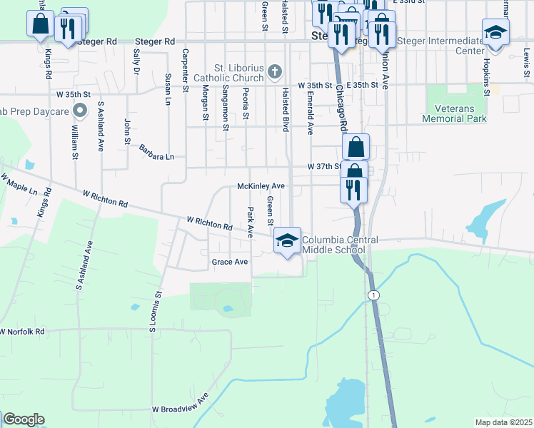 map of restaurants, bars, coffee shops, grocery stores, and more near 103 West Richton Road in Steger