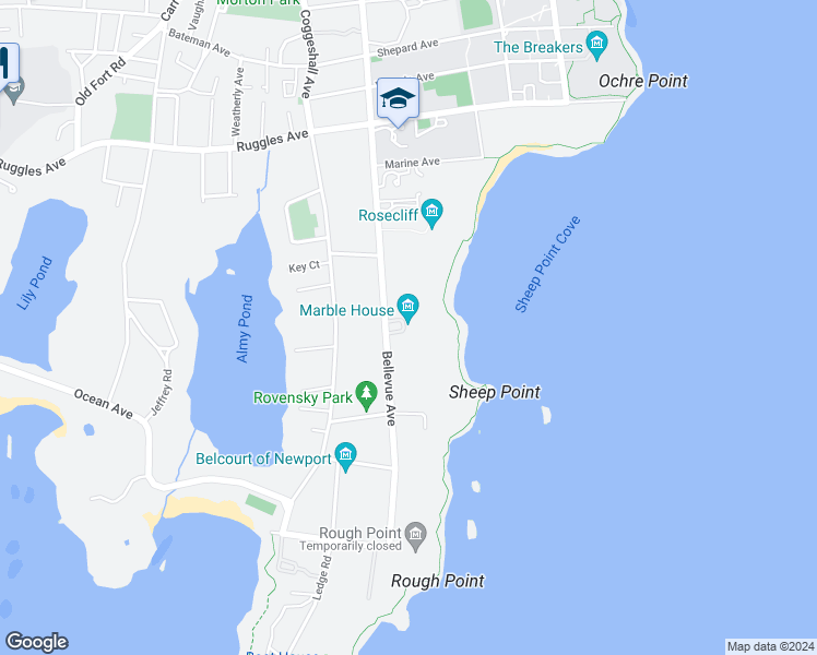 map of restaurants, bars, coffee shops, grocery stores, and more near 596 Bellevue Avenue in Newport