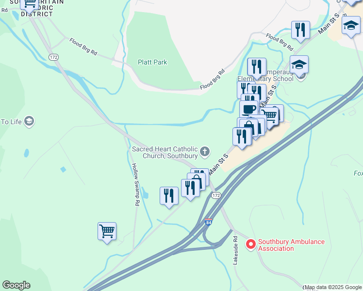 map of restaurants, bars, coffee shops, grocery stores, and more near 162 South Britain Road in Southbury