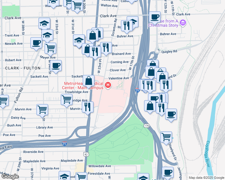 map of restaurants, bars, coffee shops, grocery stores, and more near 2500 Metrohealth Drive in Cleveland