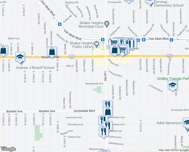 map of restaurants, bars, coffee shops, grocery stores, and more near 3585 Chelton Road in Shaker Heights