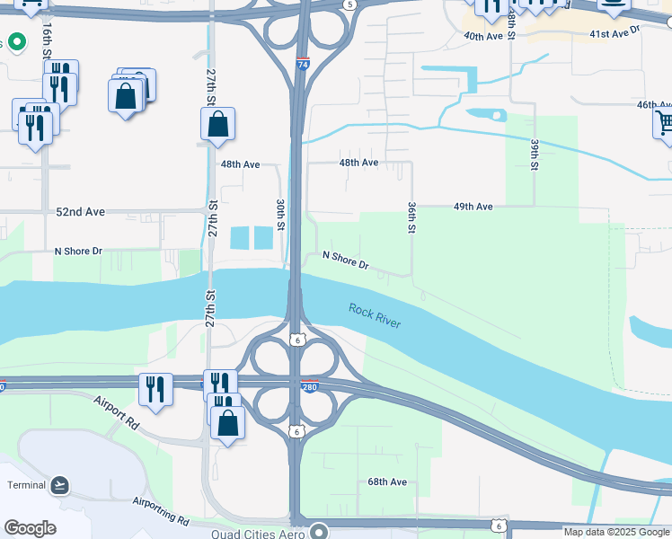 map of restaurants, bars, coffee shops, grocery stores, and more near 3210 North Shore Drive in Moline