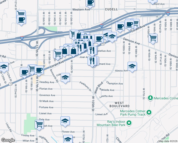 map of restaurants, bars, coffee shops, grocery stores, and more near in Cleveland