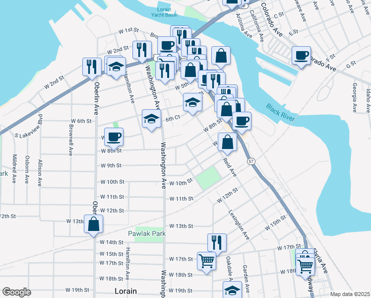 map of restaurants, bars, coffee shops, grocery stores, and more near 816 Lexington Avenue in Lorain