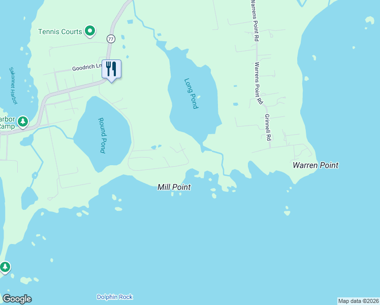 map of restaurants, bars, coffee shops, grocery stores, and more near 116 Round Pond Road in Little Compton