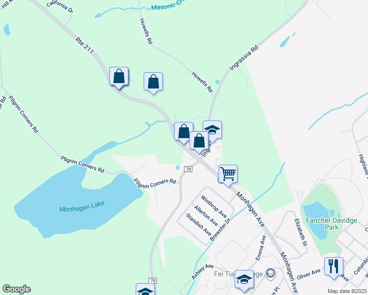 map of restaurants, bars, coffee shops, grocery stores, and more near 360 Route 211 in Middletown